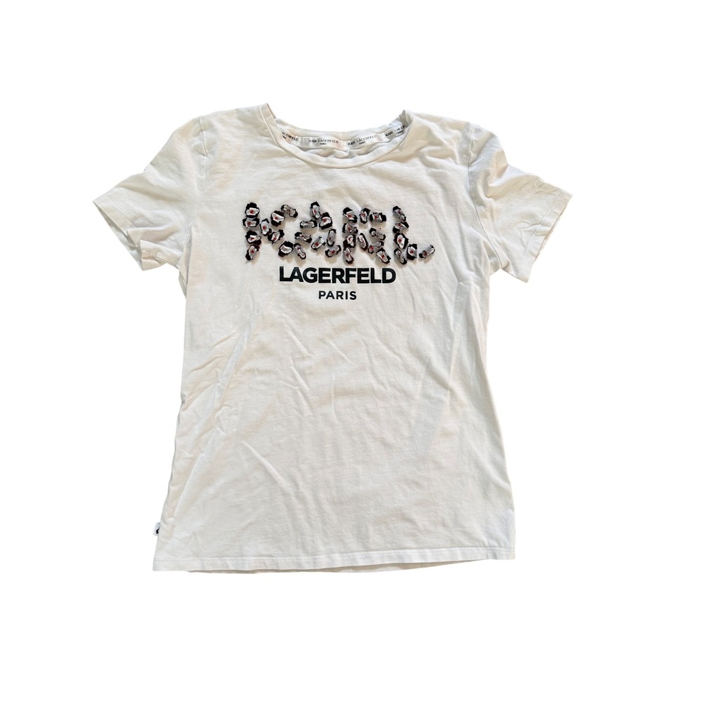 Karl Lagerfeld Paris Womens White Logo Graphic T-Shirt XS LH0O93 WHT